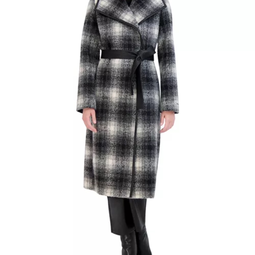 Tahari Black And Gray Plaid Belted Coat